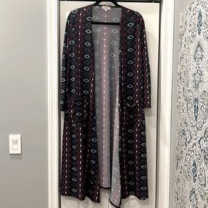 EUC LuLaRoe Sarah Duster Long Cardigan in multicolored pattern, Size M